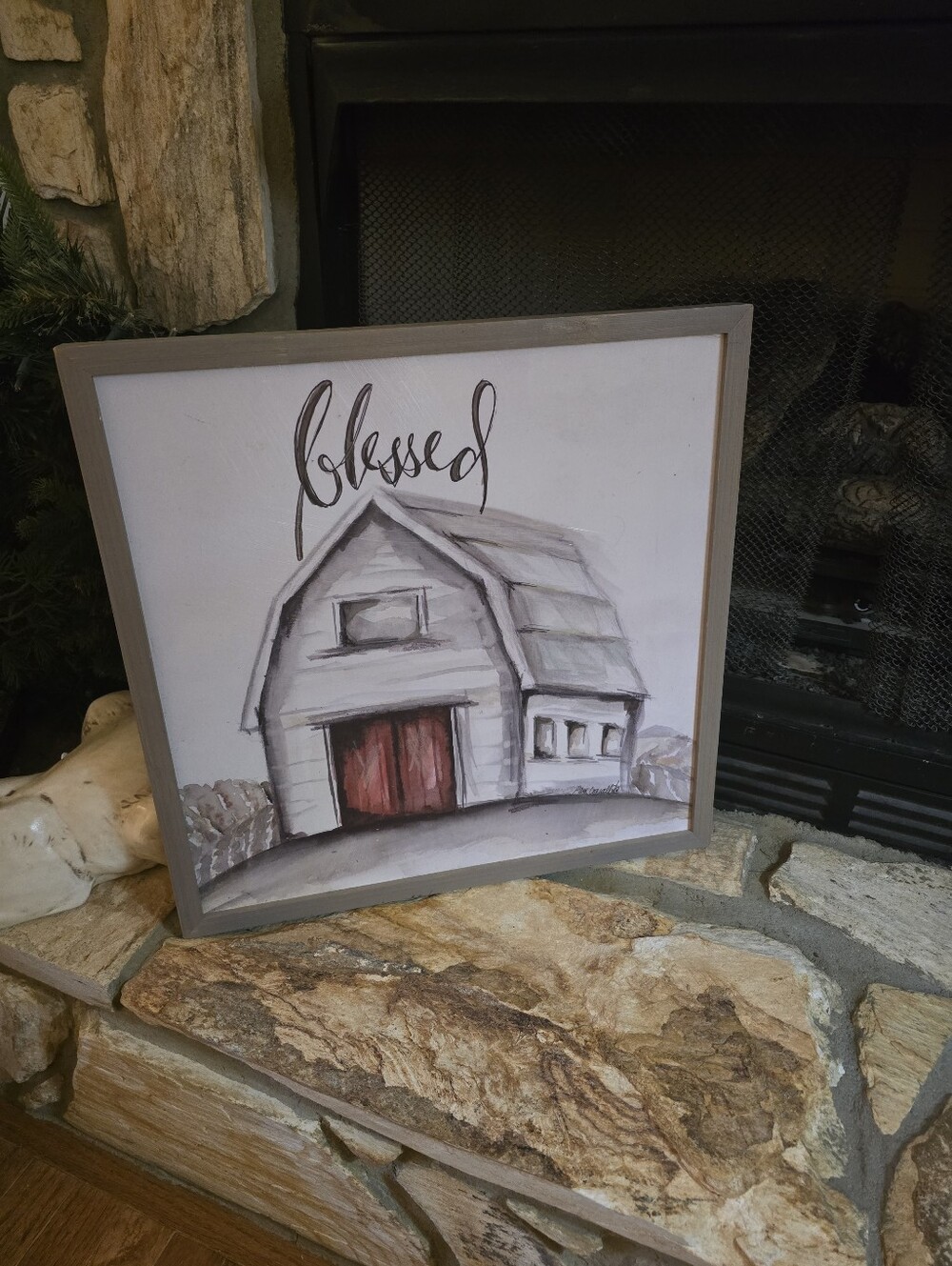 NEW Rustic Farmhouse-style Wall Art Print featuring a white barn with red doors